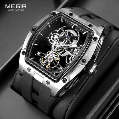 MEGIR Men's Fashion Black Waterproof Automatic Mechanical Watch with Luminous Hands Silicone Strap Tonneau Dial 2024