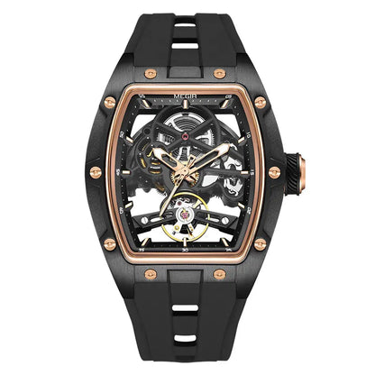 MEGIR Men's Fashion Black Waterproof Automatic Mechanical Watch with Luminous Hands Silicone Strap Tonneau Dial 2024