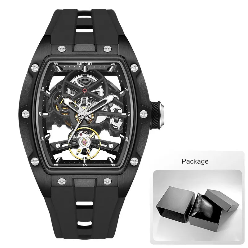 MEGIR Men's Fashion Black Waterproof Automatic Mechanical Watch with Luminous Hands Silicone Strap Tonneau Dial 2024