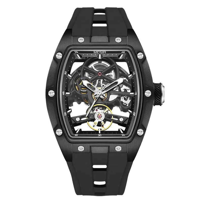 MEGIR Men's Fashion Black Waterproof Automatic Mechanical Watch with Luminous Hands Silicone Strap Tonneau Dial 2024