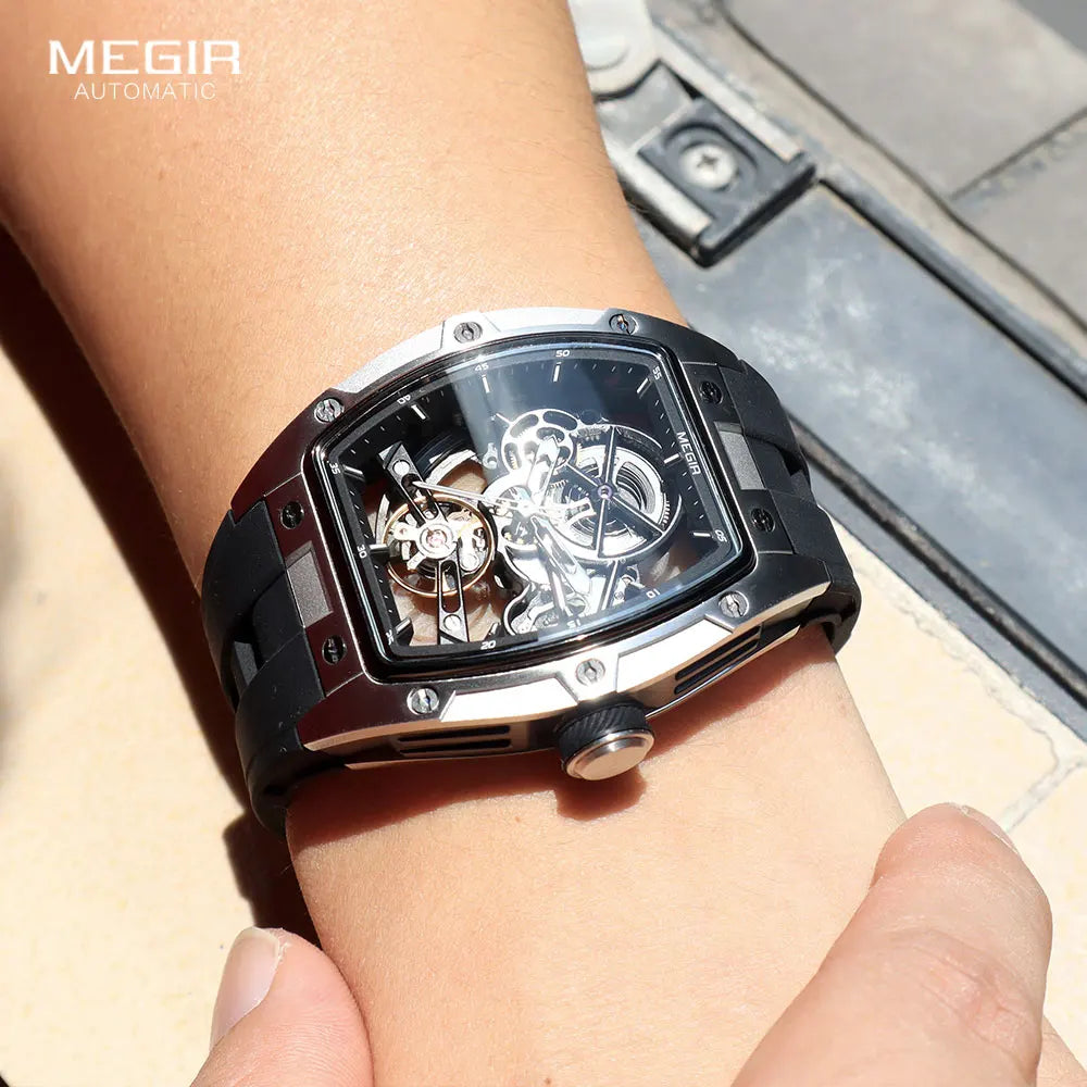 MEGIR Men's Fashion Black Waterproof Automatic Mechanical Watch with Luminous Hands Silicone Strap Tonneau Dial 2024