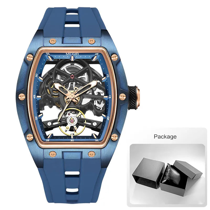 MEGIR Men's Fashion Black Waterproof Automatic Mechanical Watch with Luminous Hands Silicone Strap Tonneau Dial 2024