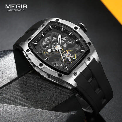 MEGIR Men's Fashion Black Waterproof Automatic Mechanical Watch with Luminous Hands Silicone Strap Tonneau Dial 2024