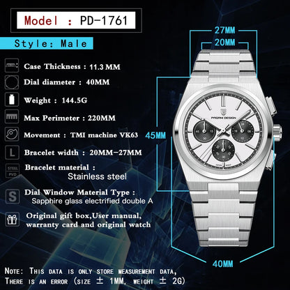 2023 New Pagani Design Limited Men's Quartz Watch 40MM TMIVK63 Stainless Steel Sapphire 100M Waterproof Chronograph Reloj Hombre