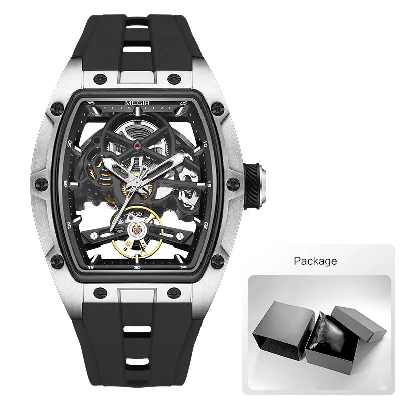 MEGIR Men's Fashion Black Waterproof Automatic Mechanical Watch with Luminous Hands Silicone Strap Tonneau Dial 2024