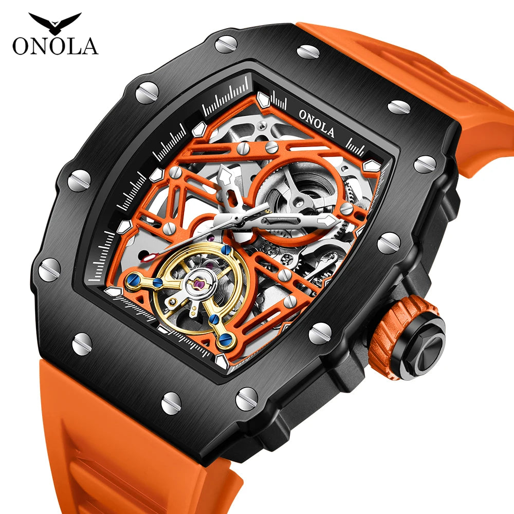 Fashion Luxury Men's Watch ONOLA Hollow Out Rudder Flywheel Fully Automatic Mechanical Waterproof Silicone Watches Clock