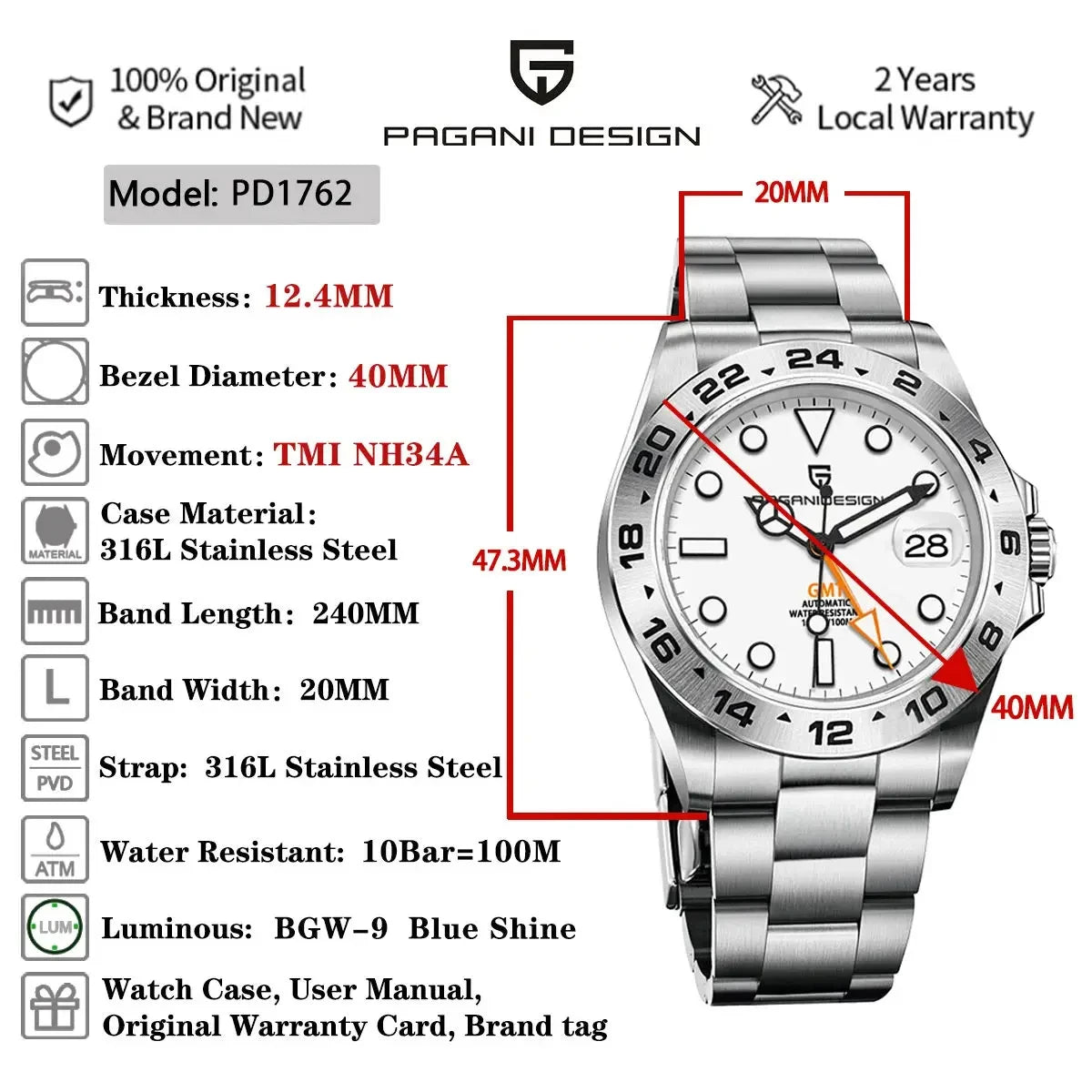 PAGANI DESIGN 2024 New PD1762 NH34 GMT Watch Men Sports Automatic Mechanical Diving Swim Stainless Steel Reloj Hombre Waterproof