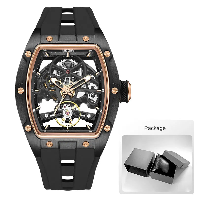 MEGIR Men's Fashion Black Waterproof Automatic Mechanical Watch with Luminous Hands Silicone Strap Tonneau Dial 2024